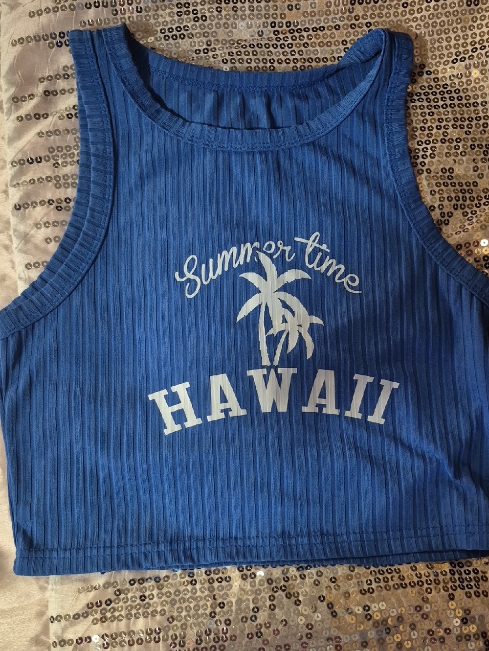 SHEIN Blue Ribbed Crop Tank with White "Hawaii" Graphic